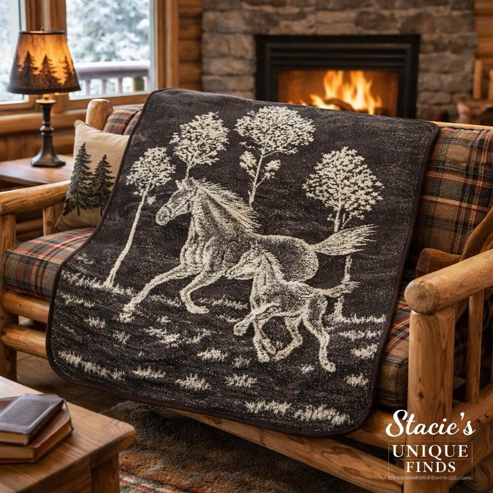 Vintage Horse Throw Blanket Cabin Lodge Western Decor 50x60 Brown